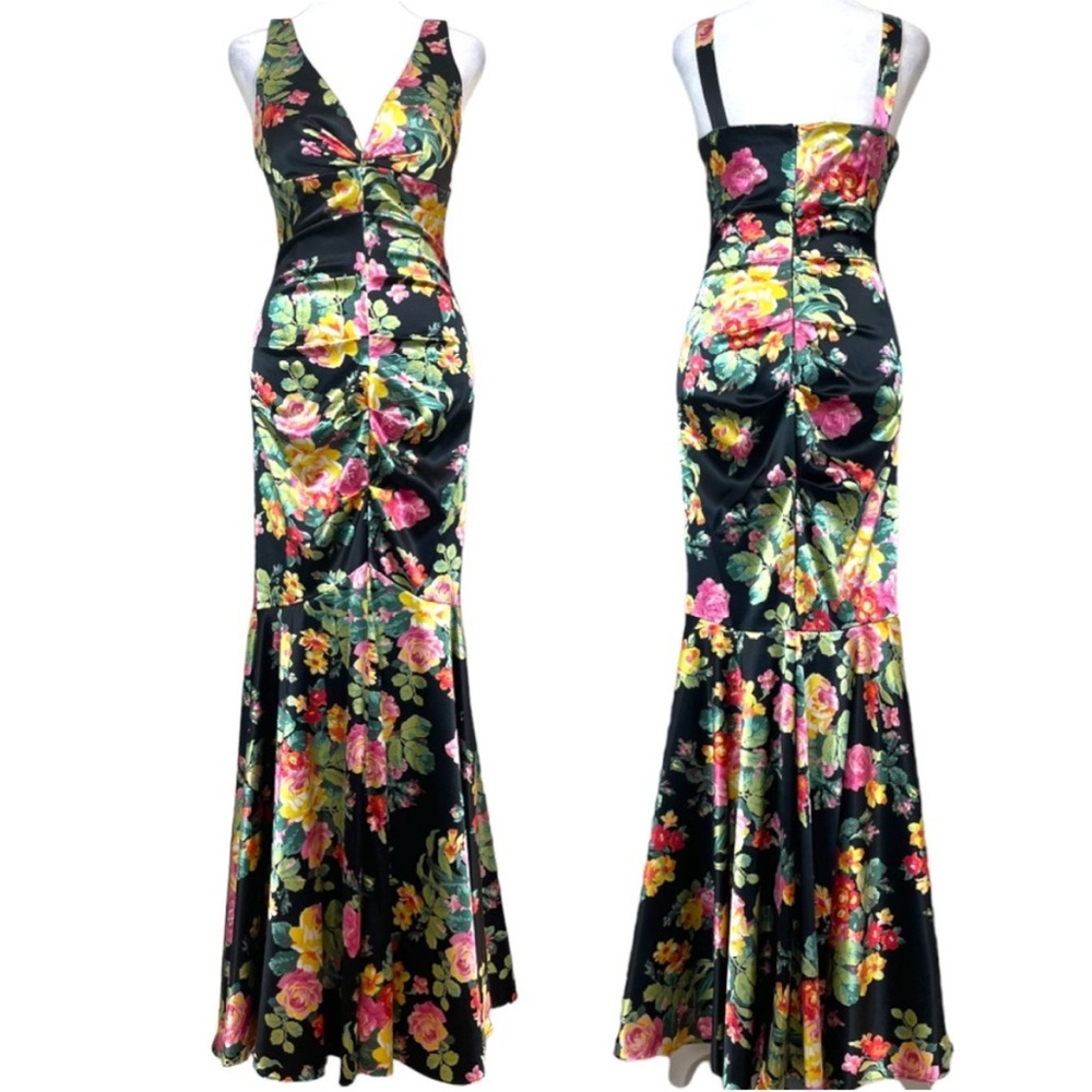 Black Satin Floral Ruched V-Neck Slit Maxi Dress Size 5 6